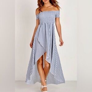 Show Me Your MuMu Willa Blue and White Striped Smocked High Low Dress